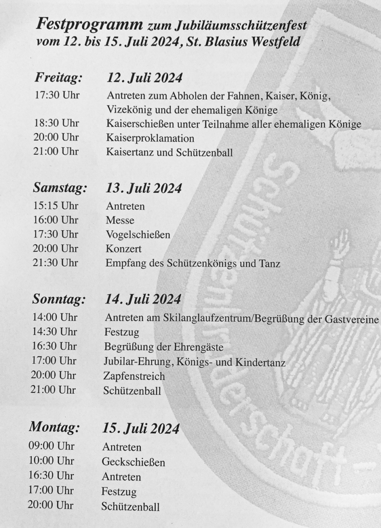 Festprogramm Schützenfest Wesfeld 2024